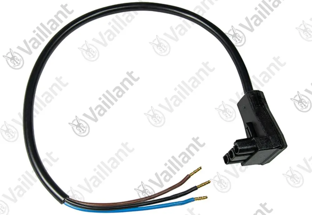 Kabel mit schwarzem Mantel und drei freiliegenden Drähten in Braun, Blau und Schwarz, mit einem Stecker von Vaillant für einen Flammenwächter.
